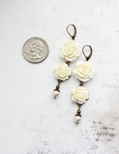 Long Cream Rose Earrings with pearl drops