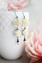 Load image into Gallery viewer, Long Cream Rose Earrings with pearl drops