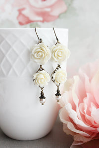 Long Cream Rose Earrings with pearl drops