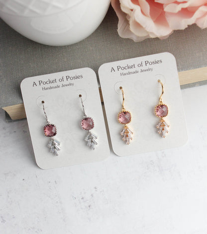 Art Deco Leaf Earrings | Dusty Rose Plum (Gold or Silver)