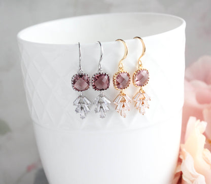 Art Deco Leaf Earrings | Dusty Rose Plum (Gold or Silver)
