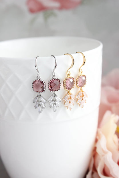 Art Deco Leaf Earrings | Dusty Rose Plum (Gold or Silver)