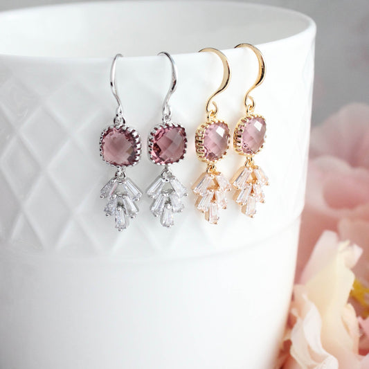 Art Deco Leaf Earrings | Dusty Rose Plum (Gold or Silver)