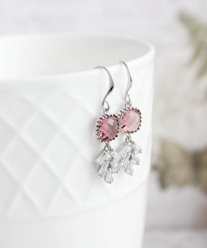 Art Deco Leaf Earrings | Dusty Rose Plum (Gold or Silver)