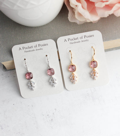 Art Deco Leaf Earrings | Dusty Rose Plum (Gold or Silver)