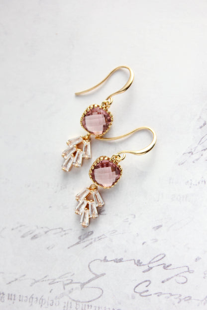 Art Deco Leaf Earrings | Dusty Rose Plum (Gold or Silver)