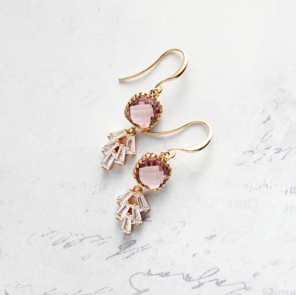 Art Deco Leaf Earrings | Dusty Rose Plum (Gold or Silver)