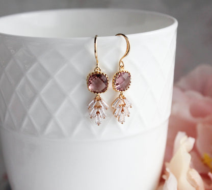 Art Deco Leaf Earrings | Dusty Rose Plum (Gold or Silver)