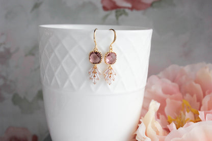 Art Deco Leaf Earrings | Dusty Rose Plum (Gold or Silver)