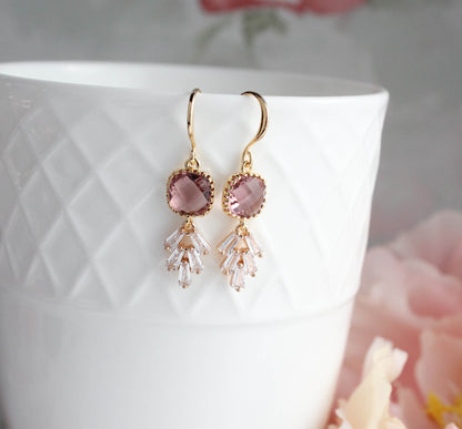 Art Deco Leaf Earrings | Dusty Rose Plum (Gold or Silver)