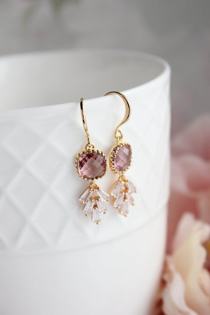 Art Deco Leaf Earrings | Dusty Rose Plum (Gold or Silver)