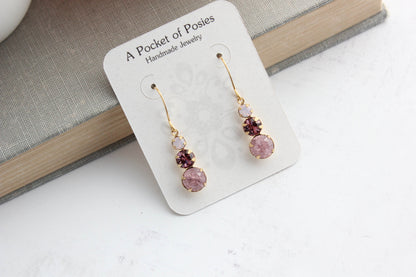Three Jewel Drop Earrings - Light plum amethyst glass