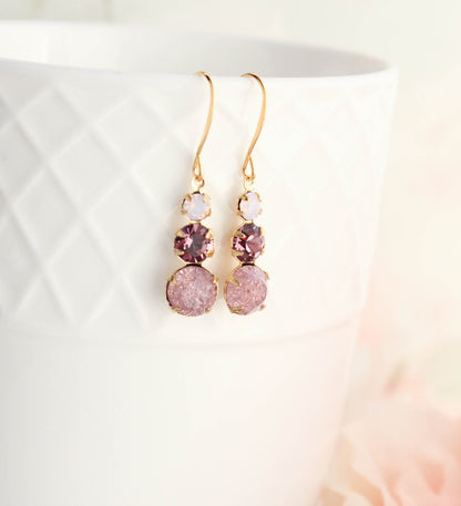 Three Jewel Drop Earrings - Light plum amethyst glass