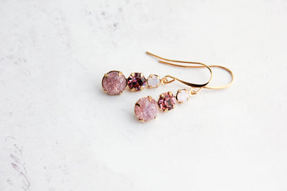 Three Jewel Drop Earrings - Light plum amethyst glass