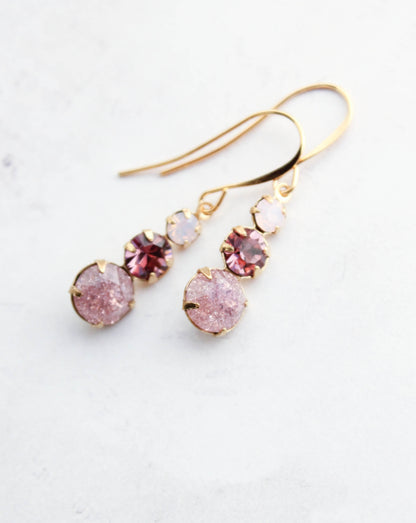 Three Jewel Drop Earrings - Light plum amethyst glass