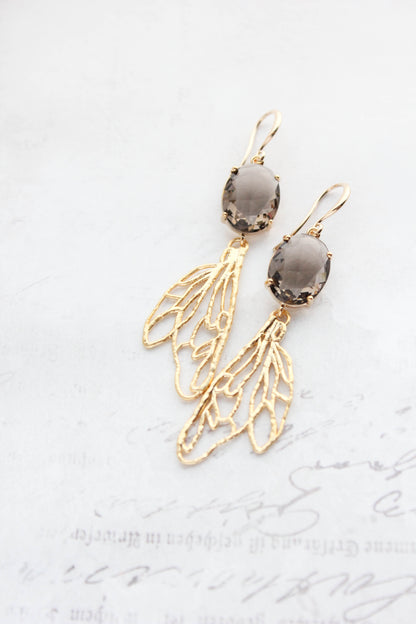Long Gold Wing Earrings | Brown Glass