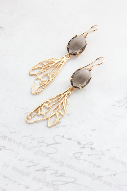 Long Gold Wing Earrings | Brown Glass