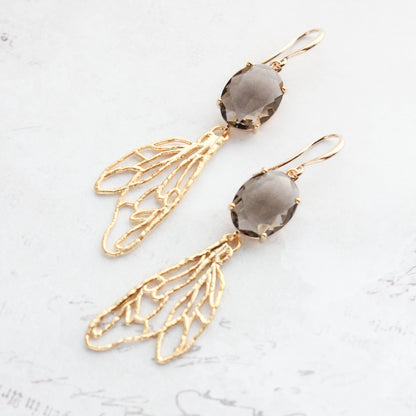 Long Gold Wing Earrings | Brown Glass