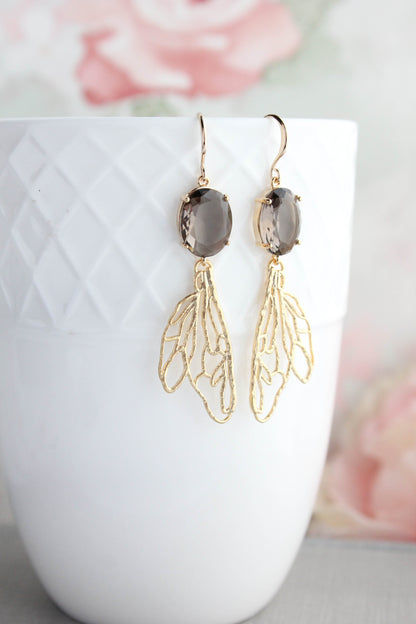 Long Gold Wing Earrings | Brown Glass