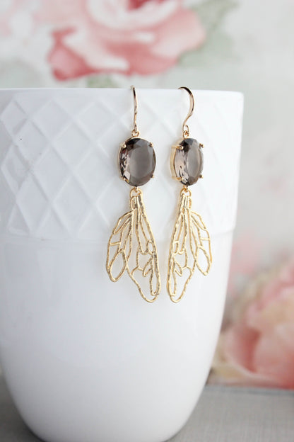 Long Gold Wing Earrings | Brown Glass