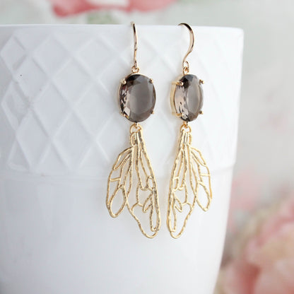 Long Gold Wing Earrings | Brown Glass