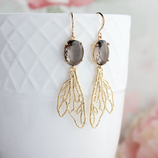 Long Gold Wing Earrings | Brown Glass