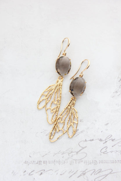 Long Gold Wing Earrings | Brown Glass