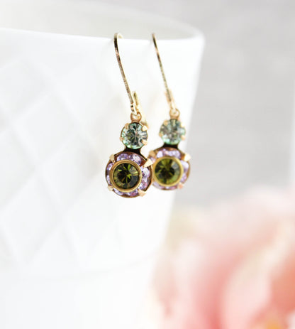 Small Art Deco Floral Earrings | Green and Purple