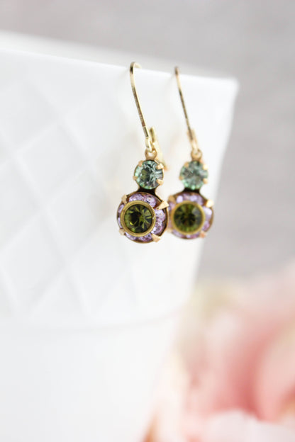 Small Art Deco Floral Earrings | Green and Purple