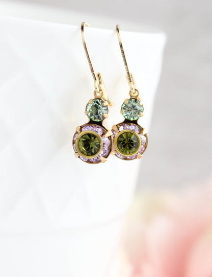 Small Art Deco Floral Earrings | Green and Purple