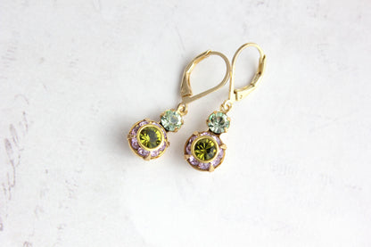 Small Art Deco Floral Earrings | Green and Purple