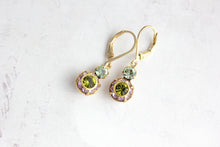 Load image into Gallery viewer, Small Art Deco Floral Earrings | Green and Purple