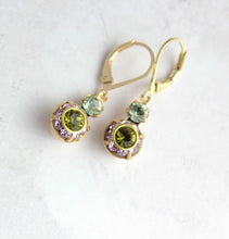 Load image into Gallery viewer, Small Art Deco Floral Earrings | Green and Purple
