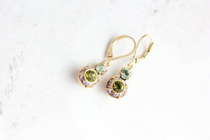 Small Art Deco Floral Earrings | Green and Purple