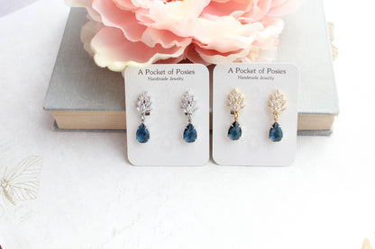 Cubic Zirconia Leaf Post Earrings | Navy Blue Glass Teardrop