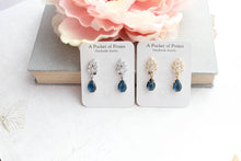 Load image into Gallery viewer, Cubic Zirconia Leaf Post Earrings | Navy Blue Glass Teardrop