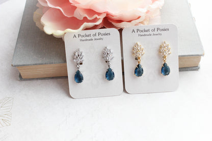 Cubic Zirconia Leaf Post Earrings | Navy Blue Glass Teardrop