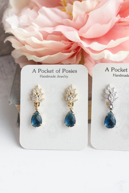 Cubic Zirconia Leaf Post Earrings | Navy Blue Glass Teardrop