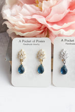 Load image into Gallery viewer, Cubic Zirconia Leaf Post Earrings | Navy Blue Glass Teardrop