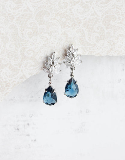 Cubic Zirconia Leaf Post Earrings | Navy Blue Glass Teardrop