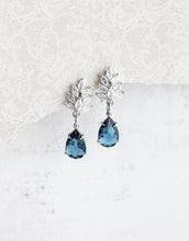 Load image into Gallery viewer, Cubic Zirconia Leaf Post Earrings | Navy Blue Glass Teardrop