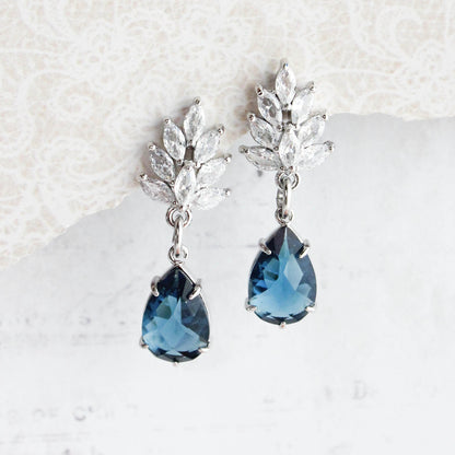 Cubic Zirconia Leaf Post Earrings | Navy Blue Glass Teardrop