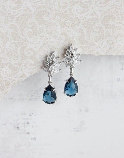 Cubic Zirconia Leaf Post Earrings | Navy Blue Glass Teardrop