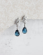 Load image into Gallery viewer, Cubic Zirconia Leaf Post Earrings | Navy Blue Glass Teardrop
