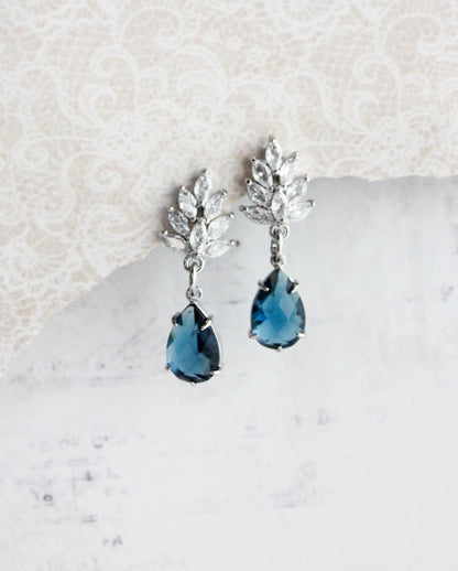Cubic Zirconia Leaf Post Earrings | Navy Blue Glass Teardrop