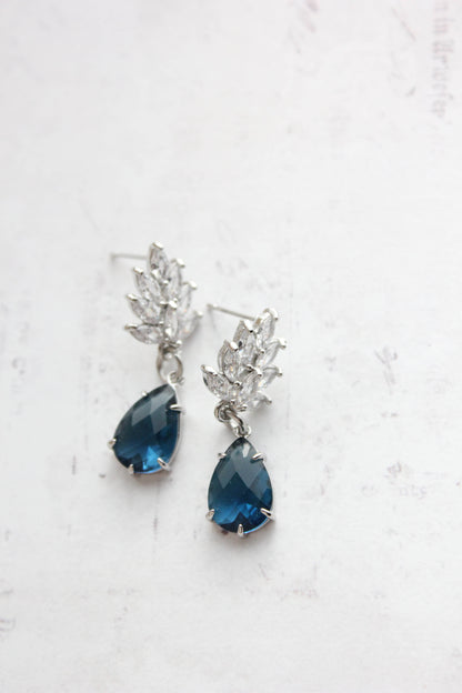 Cubic Zirconia Leaf Post Earrings | Navy Blue Glass Teardrop
