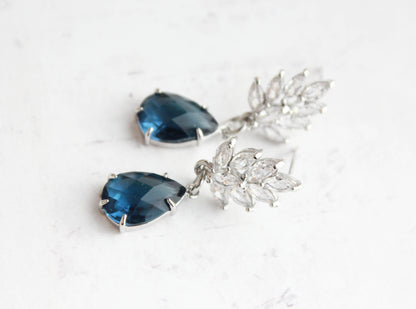 Cubic Zirconia Leaf Post Earrings | Navy Blue Glass Teardrop