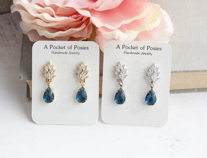 Cubic Zirconia Leaf Post Earrings | Navy Blue Glass Teardrop