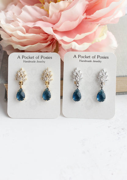 Cubic Zirconia Leaf Post Earrings | Navy Blue Glass Teardrop