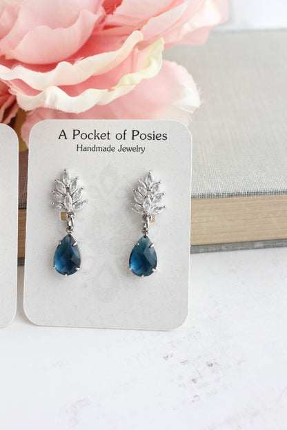 Cubic Zirconia Leaf Post Earrings | Navy Blue Glass Teardrop